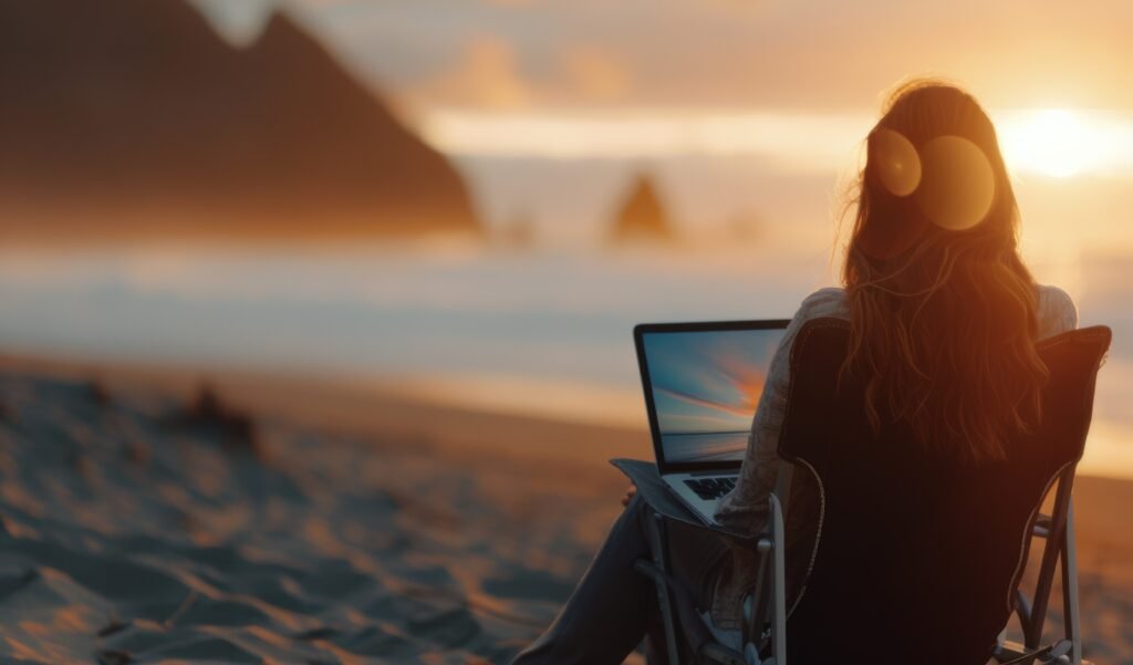 Woman Working on Laptop at Sunset Beach